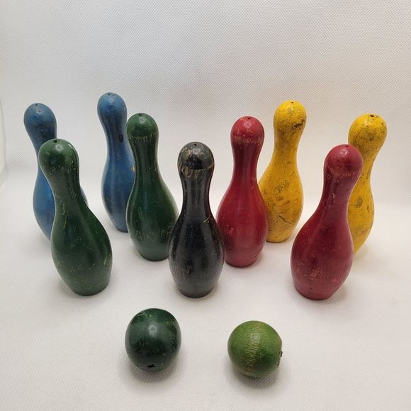 Mid-Century Wooden Toy Bowling Pin and Ball Set 1950s Rainbow - Picture 5 of 12
